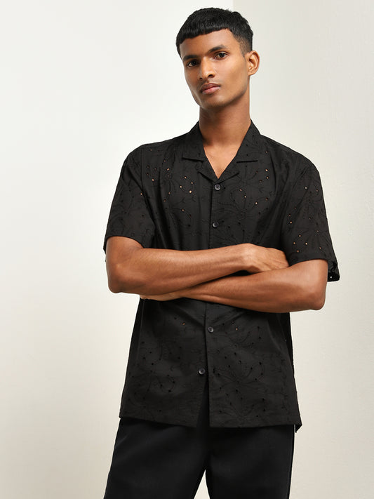 ETA Black Floral Embroidered Relaxed-Fit Cotton Shirt
