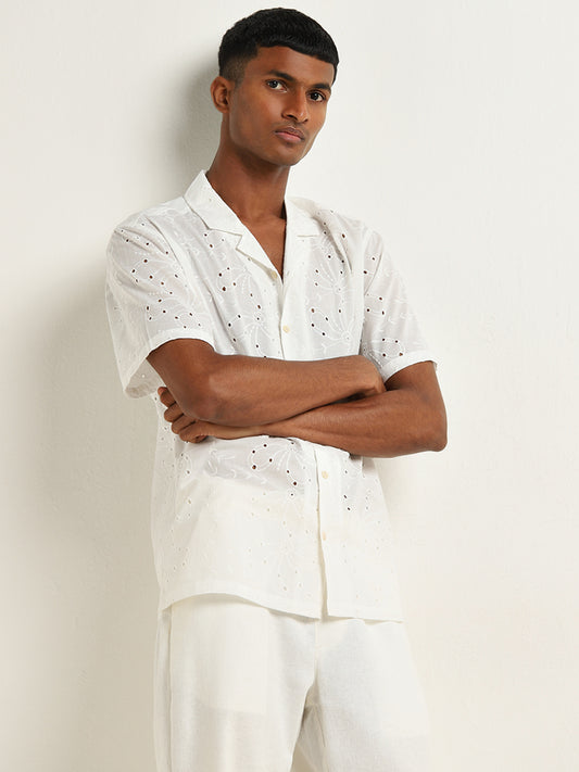 ETA Off-White Floral Embroidered Relaxed-Fit Cotton Shirt
