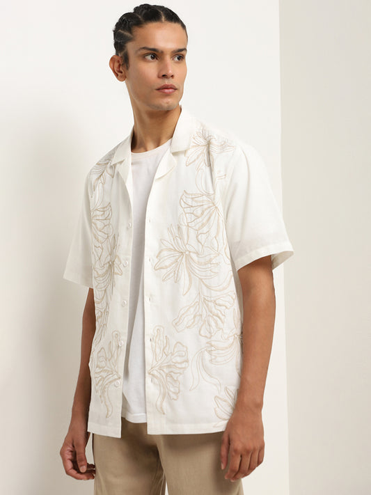 ETA Beige Floral Embroidered Relaxed-Fit Cotton Blend Shirt