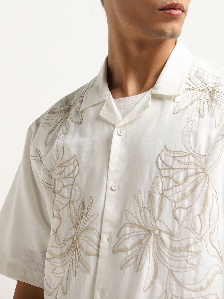 ETA Beige Floral Embroidered Relaxed-Fit Cotton Blend Shirt