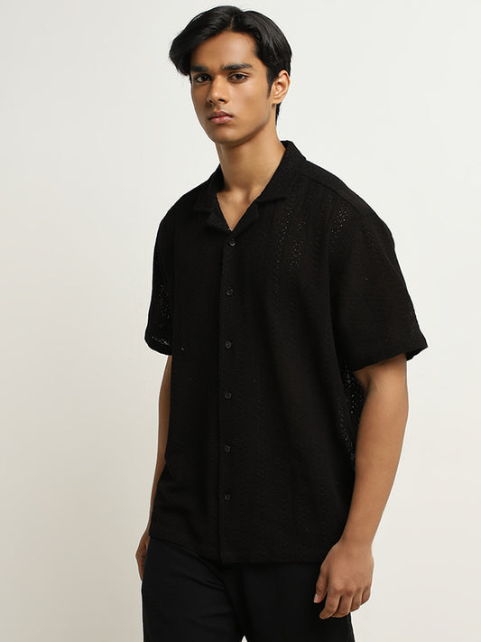 ETA Black Crochet Design Relaxed-Fit Cotton Shirt