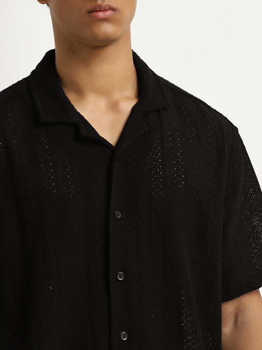 ETA Black Crochet Design Relaxed-Fit Cotton Shirt