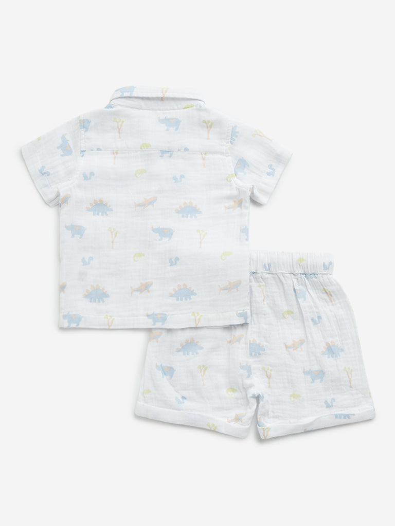 HOP Baby White Print Cotton Shirt & Mid-Rise Shorts Set