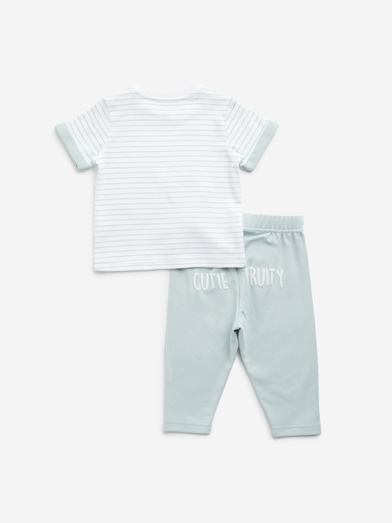 HOP Baby Teal Stripe Printed Cotton T-Shirt with Pants Set