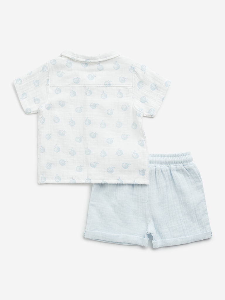 HOP Baby Light Blue Fruit Printed Cotton Shirt with Shorts Set