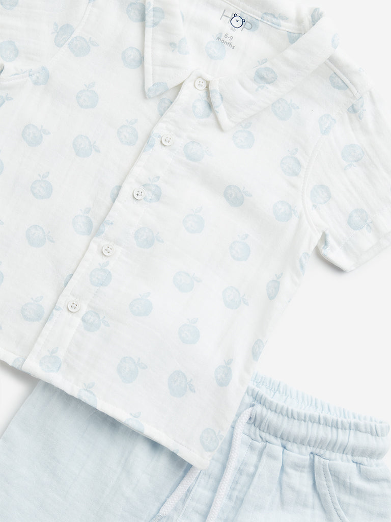 HOP Baby Light Blue Fruit Printed Cotton Shirt with Shorts Set