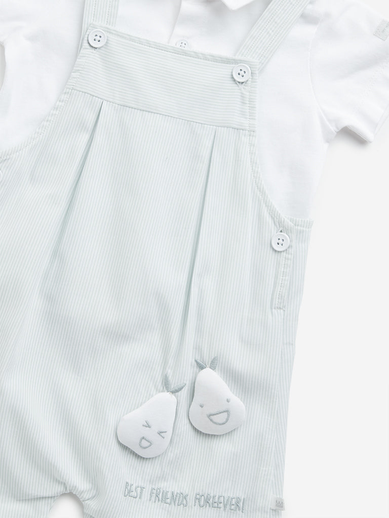 HOP Baby Mint Striped Cotton Dungaree with Shirt Set