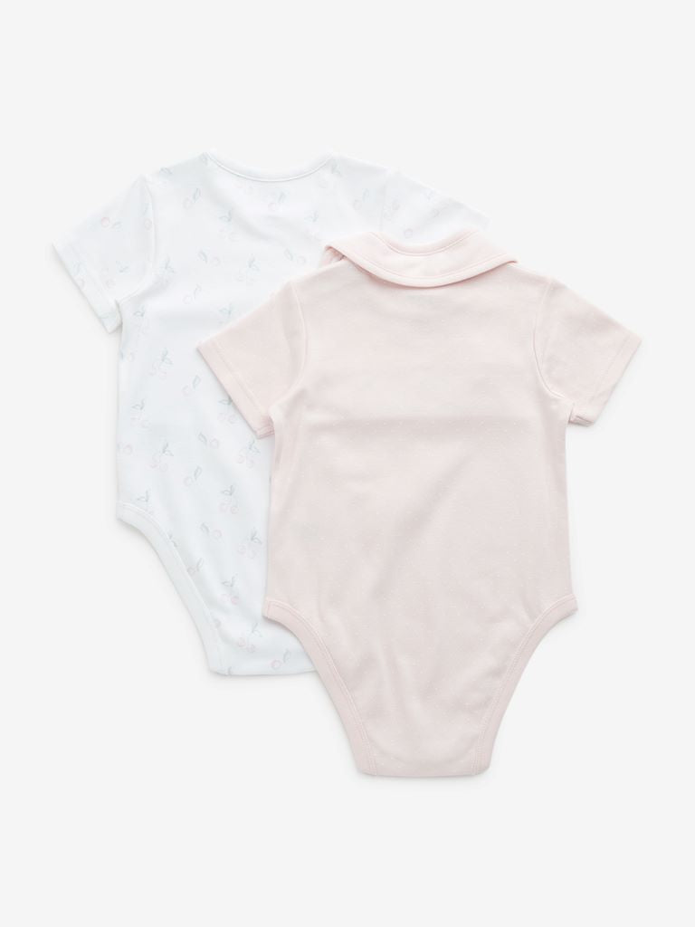 HOP Baby Pink Printed Cotton Rompers & Bib - Pack of 2