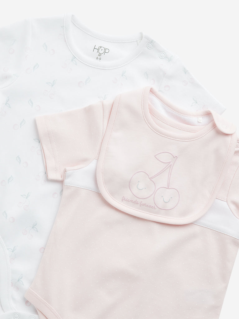 HOP Baby Pink Printed Cotton Rompers & Bib - Pack of 2