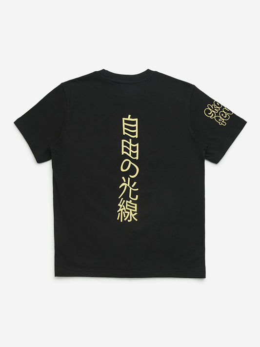 Y&F Kids Black Typographic Print Cotton T-Shirt