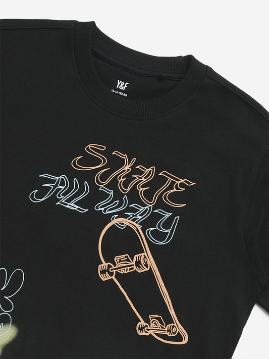 Y&F Kids Black Typographic Print Cotton T-Shirt