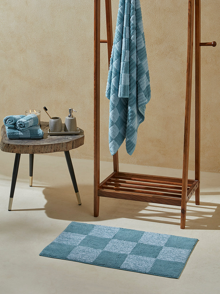 Westside Home Dusty Blue Checkered Design Bathmat