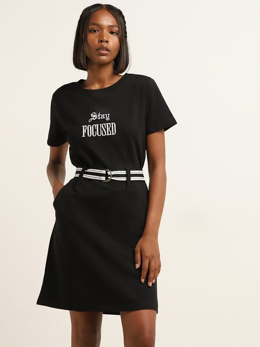 Studiofit Black Text Design Straight Cotton Dress with Belt