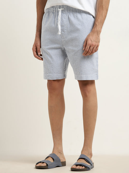 WES Lounge Blue Striped Seersucker Relaxed-Fit Mid-Rise Cotton Shorts