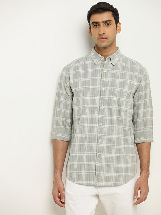 WES Casuals Sage Checkered Design Relaxed-Fit Cotton Shirt