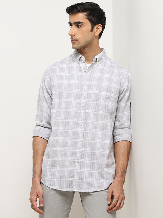 WES Casuals Light Grey Checkered Relaxed-Fit Cotton Shirt
