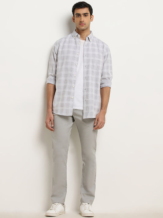 WES Casuals Light Grey Checkered Relaxed-Fit Cotton Shirt