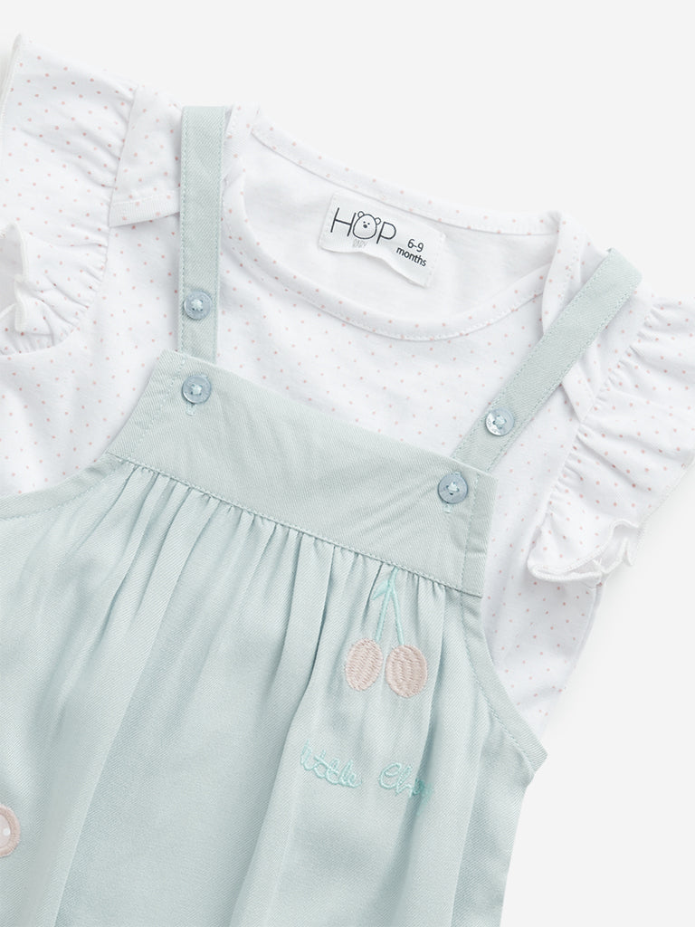 HOP Baby Mint Floral Embroidered Dungaree with Top Set