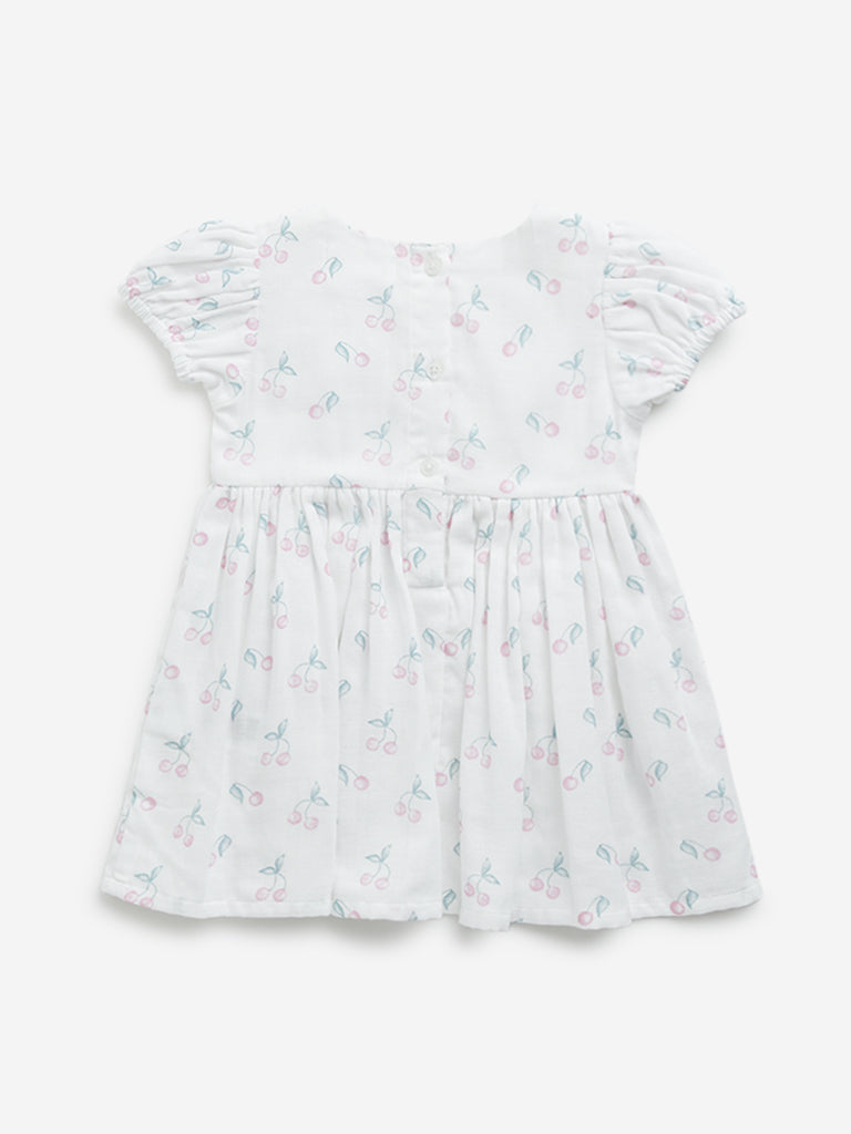 HOP Baby White Cherry Printed A-Line Cotton Dress