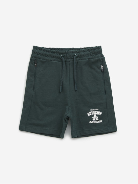 HOP Kids Emerald Green Text Mid-Rise Cotton Shorts