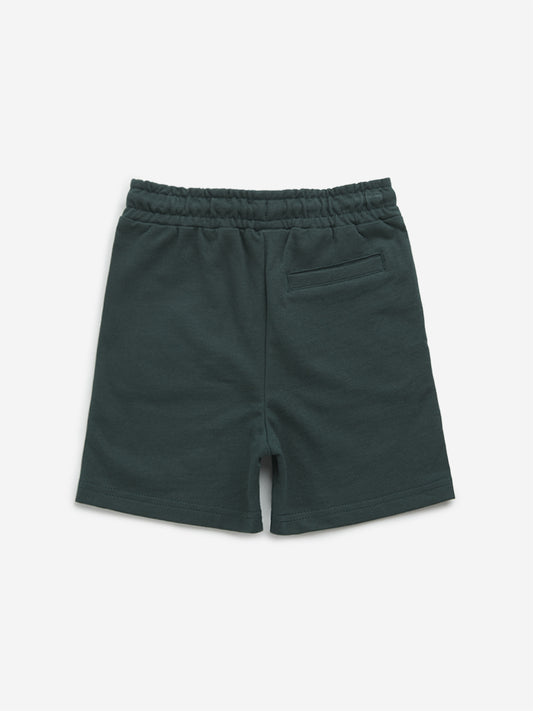 HOP Kids Emerald Green Text Mid-Rise Cotton Shorts