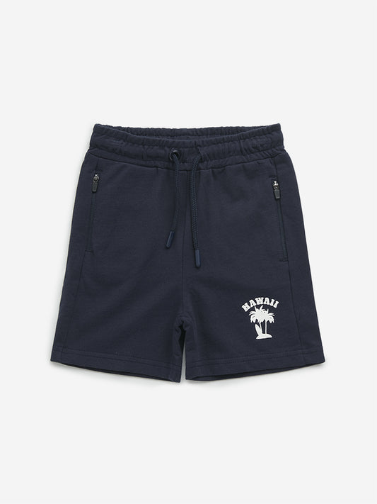 HOP Kids Navy Text Design Mid-Rise Cotton Shorts