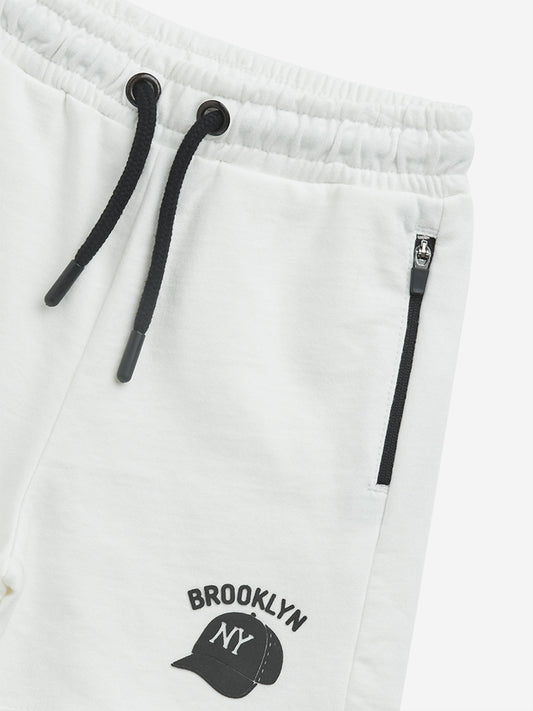 HOP Kids Off-White Text Design Mid-Rise Cotton Shorts