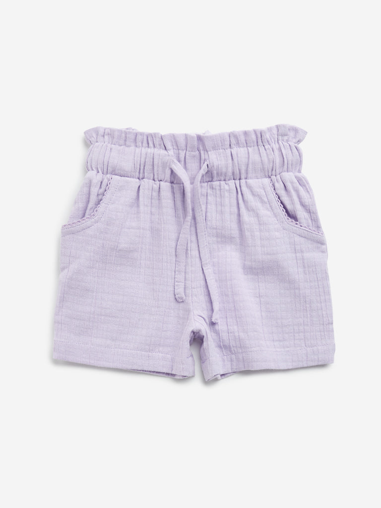 HOP Kids Lilac Paper-Bag Waist High-Rise Cotton Shorts