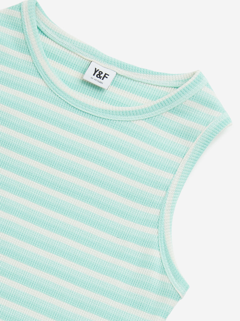 Y&F Kids Mint Striped Ribbed Textured Cotton Top