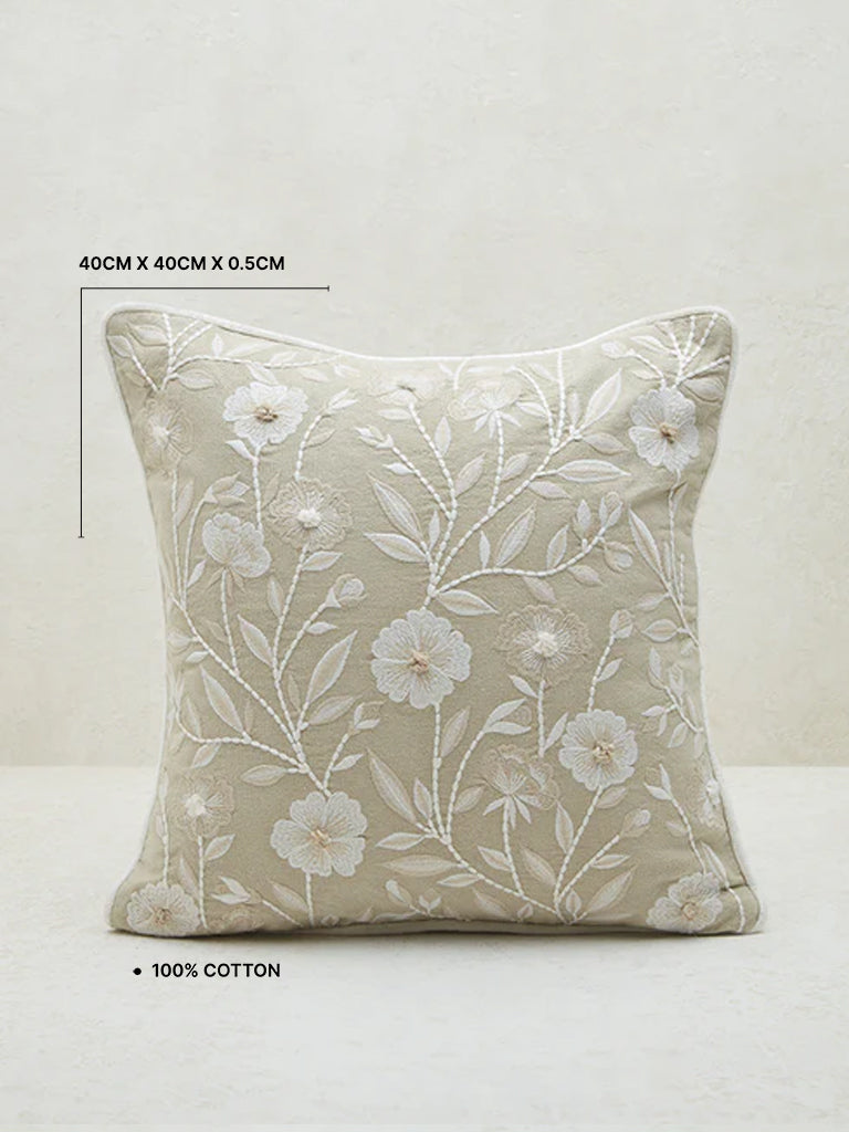 Westside Home Off-White Floral Embroidered Cushion Cover