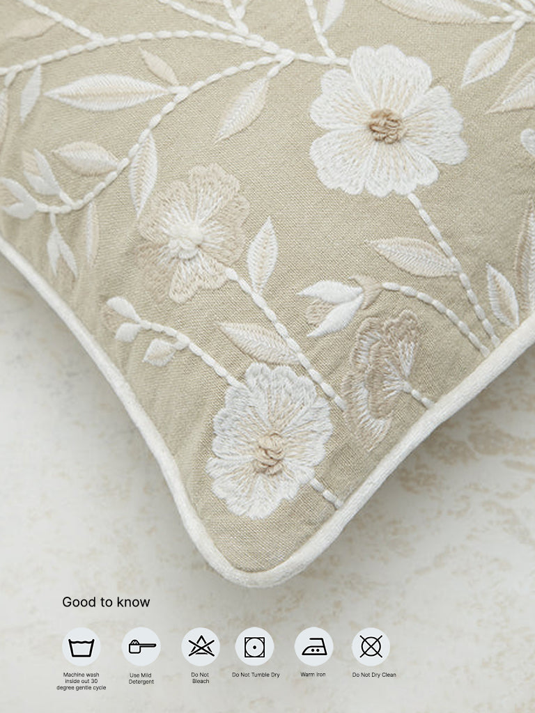 Westside Home Off-White Floral Embroidered Cushion Cover