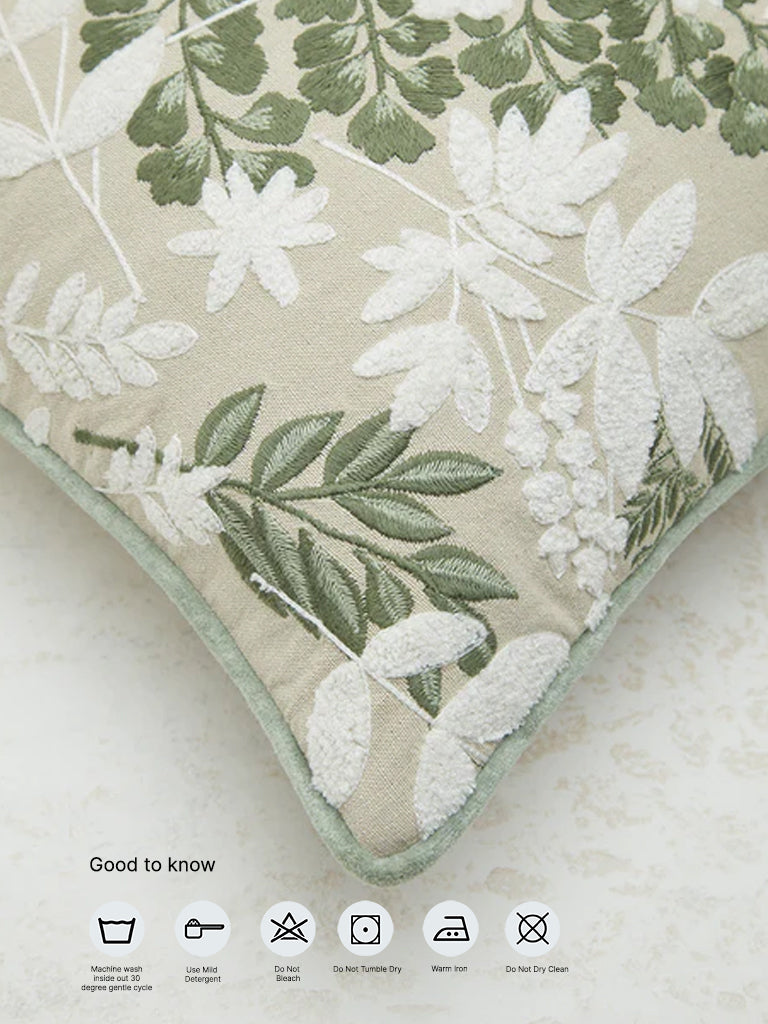 Westside Home Green Floral Embroidered Cushion Cover