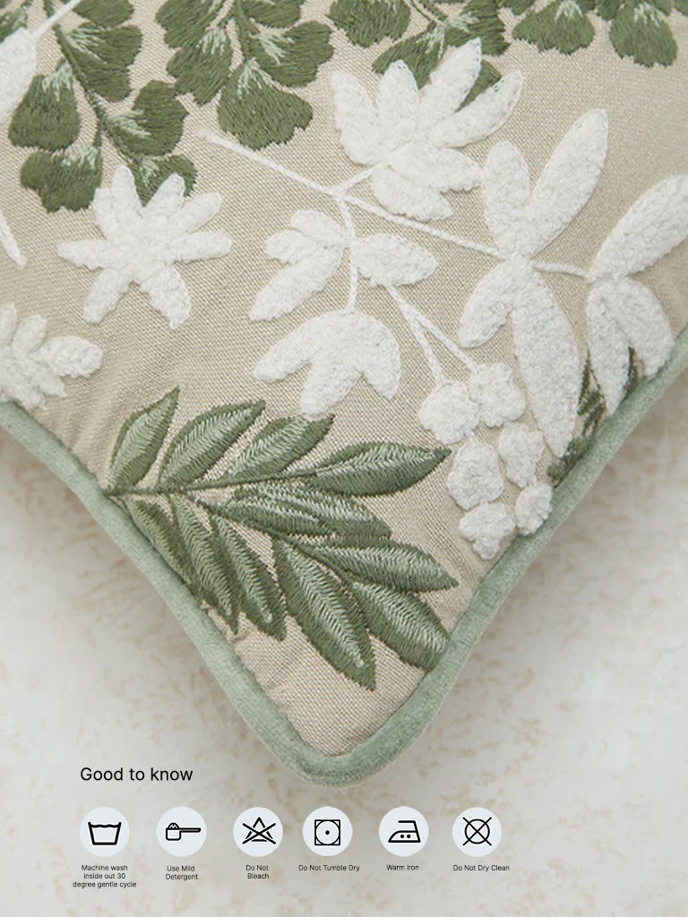 Westside Home Green Floral Embroidered Cushion Cover