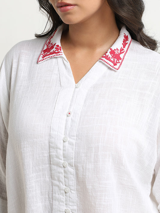 Gia White Floral Embroidered High-Low Cotton Blouse