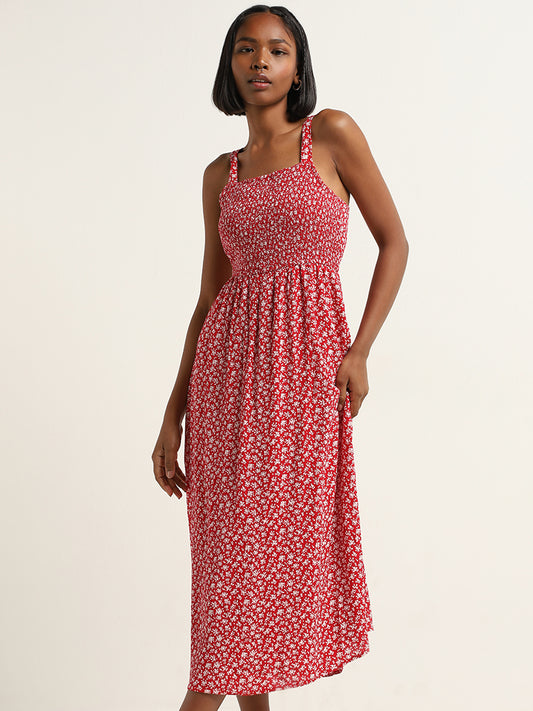 Nuon Red Floral Printed A-Line Dress
