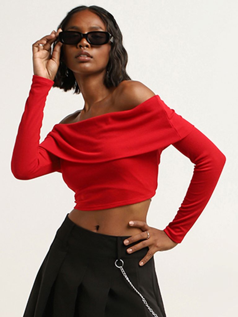 Nuon Red Ribbed Textured Off-Shoulder Crop Top