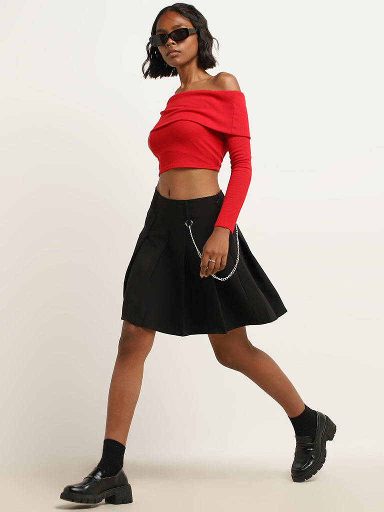 Nuon Red Ribbed Textured Off-Shoulder Crop Top