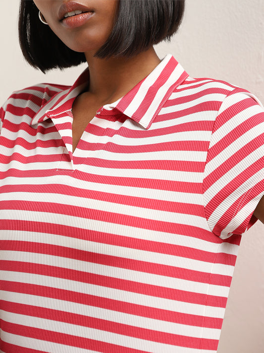 Nuon Red Striped Ribbed Textured T-Shirt