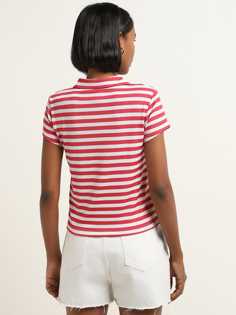 Nuon Red Striped Ribbed Textured T-Shirt