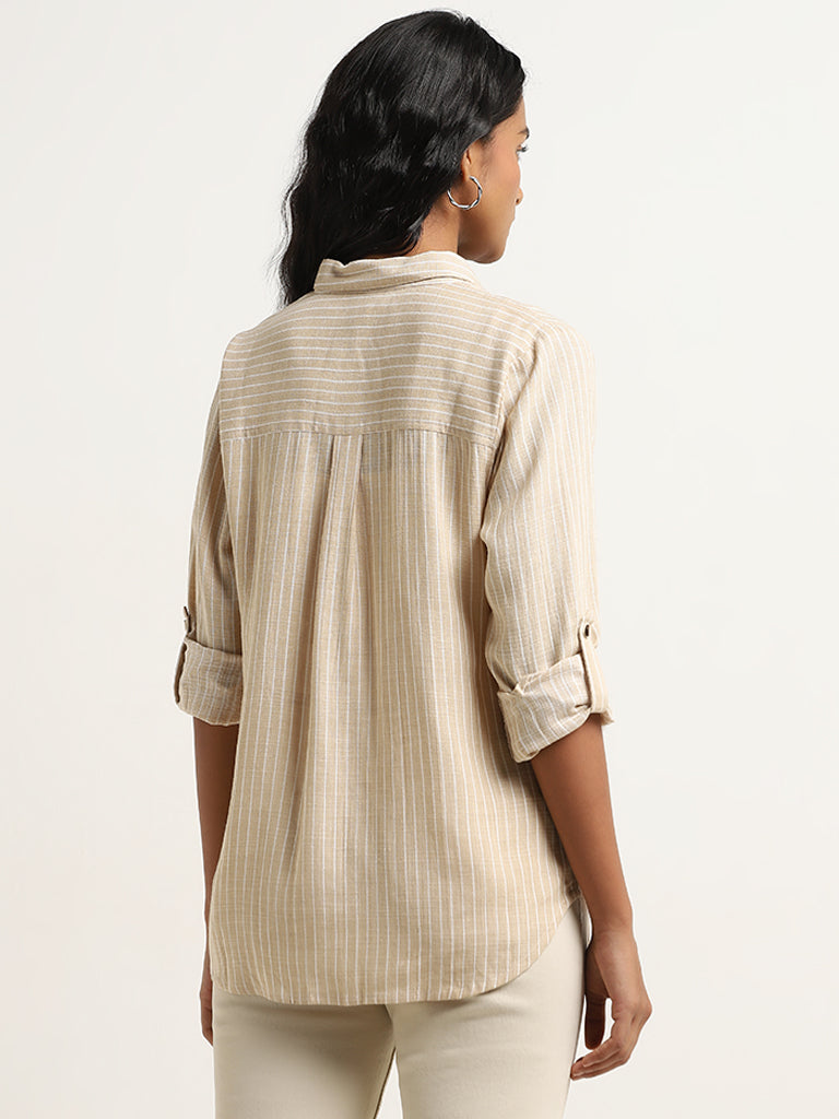 LOV Beige Stripe Printed Blended Linen Shirt