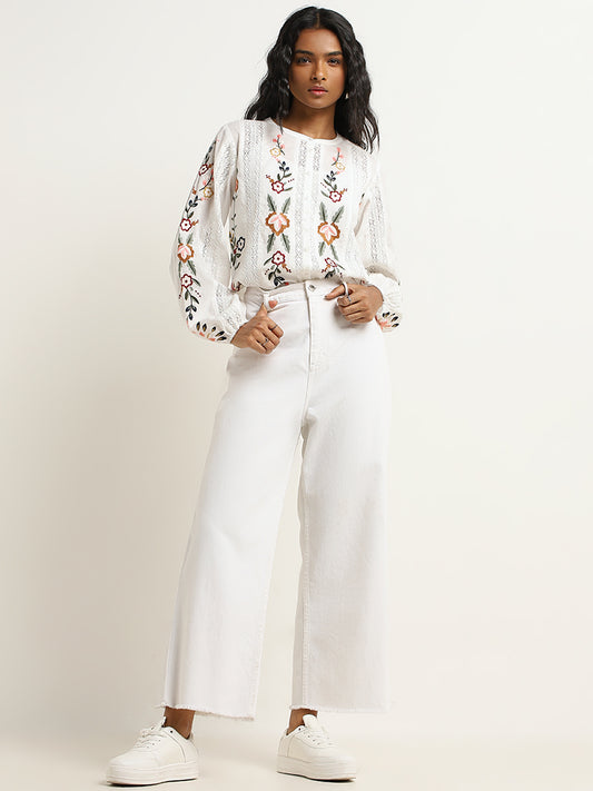 LOV White Floral Embroidered Cotton Top