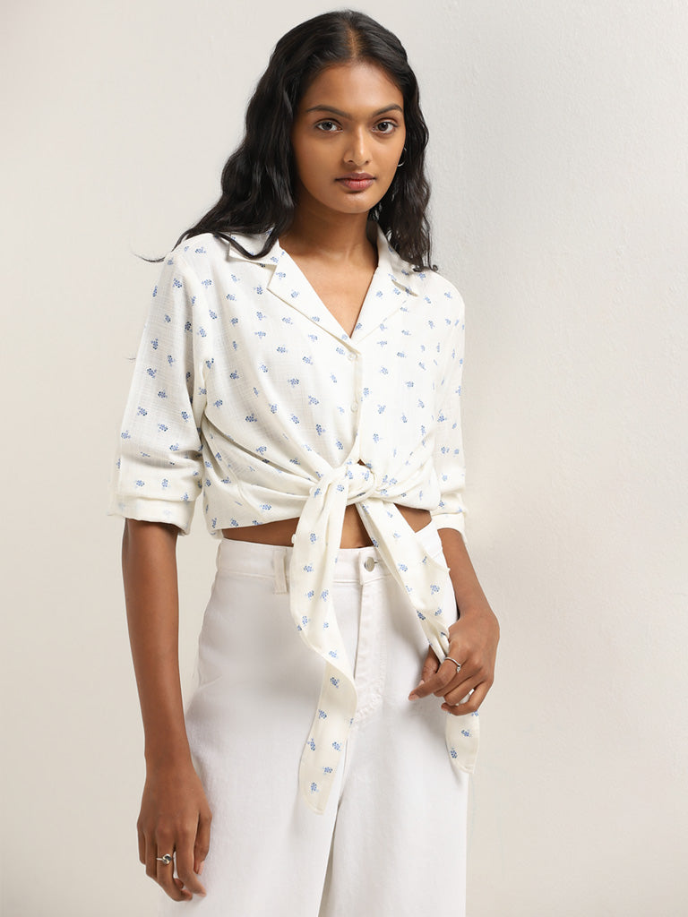 LOV White Floral Printed Tie-Up Blended Linen Shirt