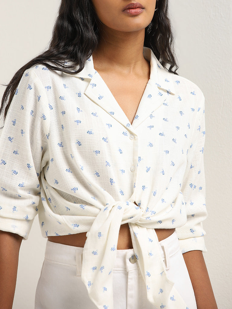 LOV White Floral Printed Tie-Up Blended Linen Shirt