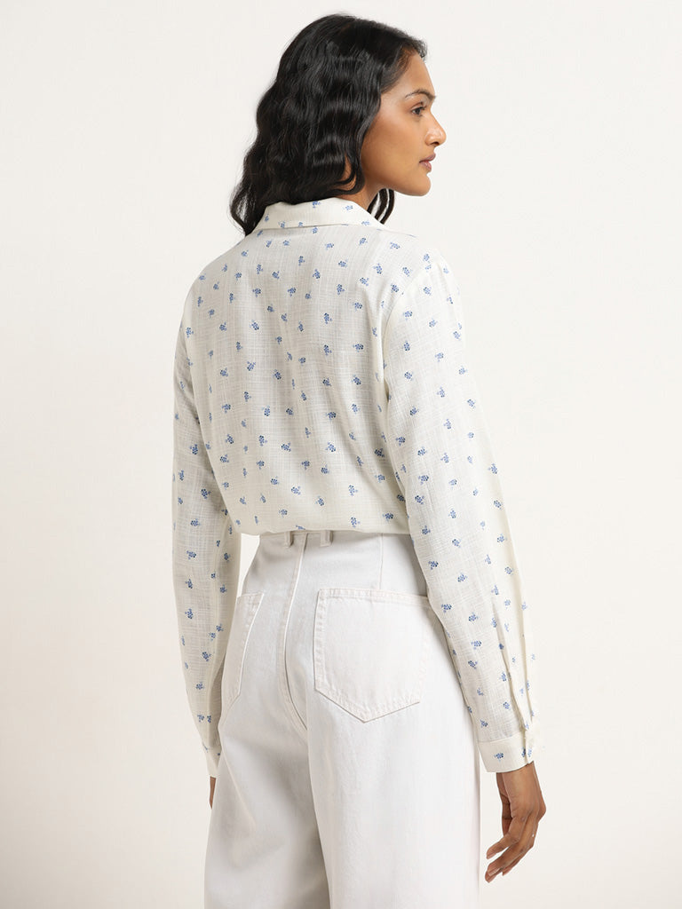 LOV White Floral Printed Tie-Up Blended Linen Shirt