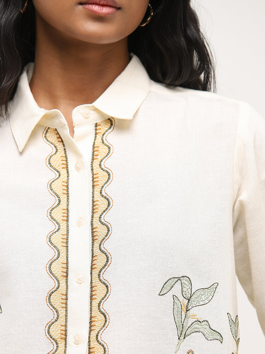 LOV Off-White Embroidered Blended Linen Shirt