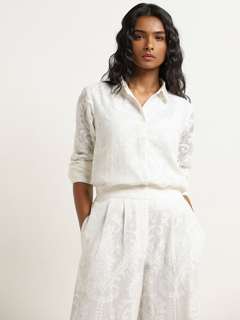 LOV White Jacquard Design Cotton Shirt