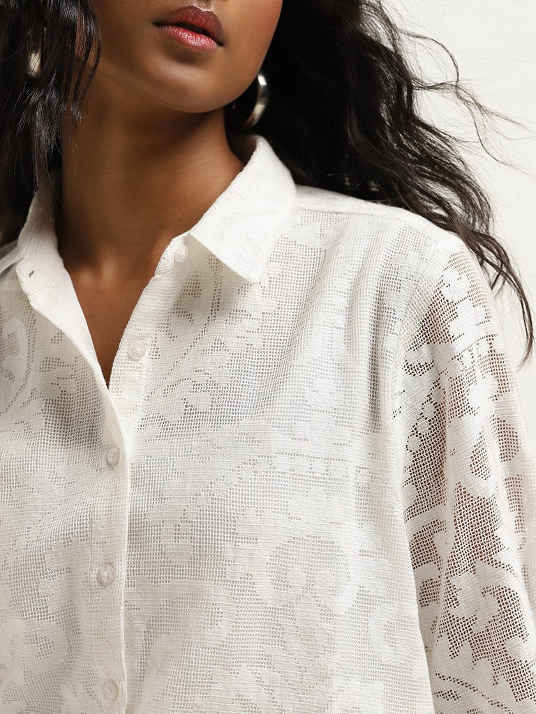 LOV White Jacquard Design Cotton Shirt