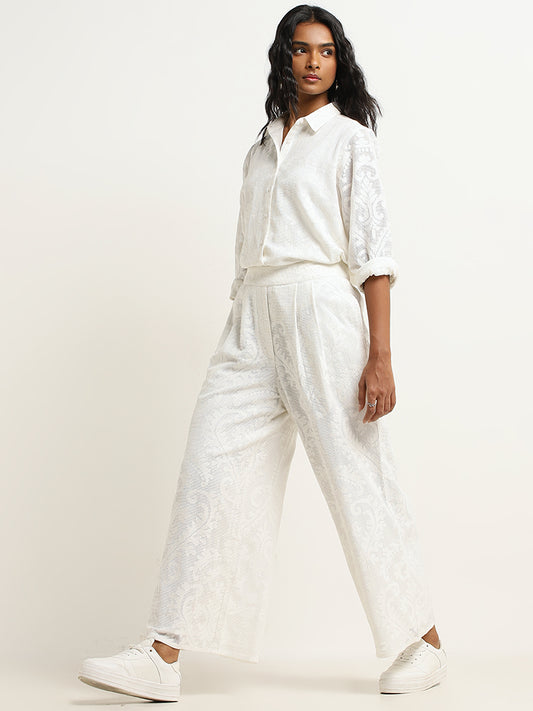 LOV White Jacquard Design Cotton Shirt