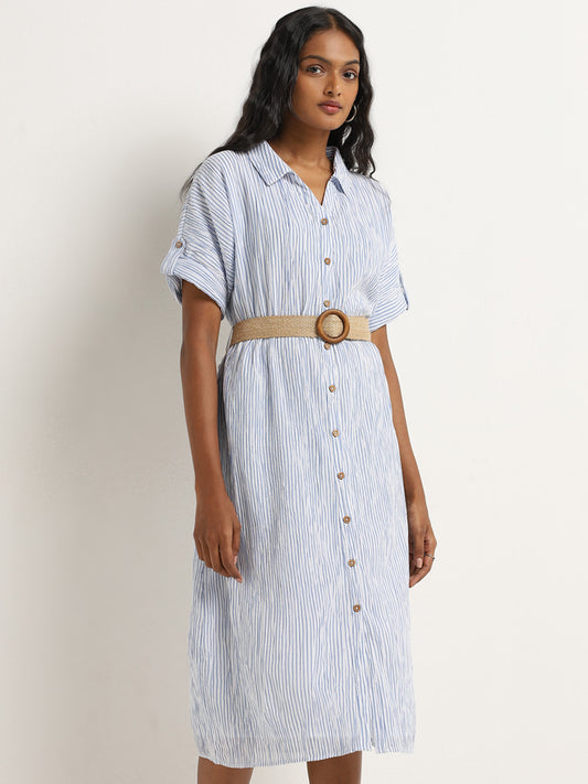 LOV Blue Striped Design Shirt Cotton Dress With Belt