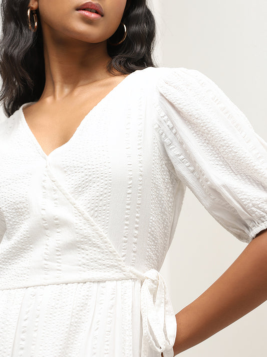 LOV White Textured Tiered Cotton Dress